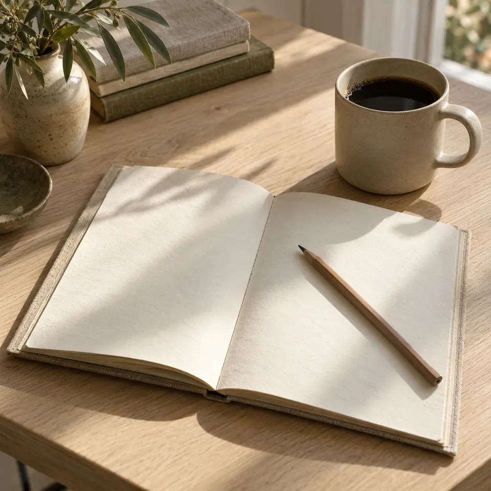 Open notebook with a pencil and a cup of coffee