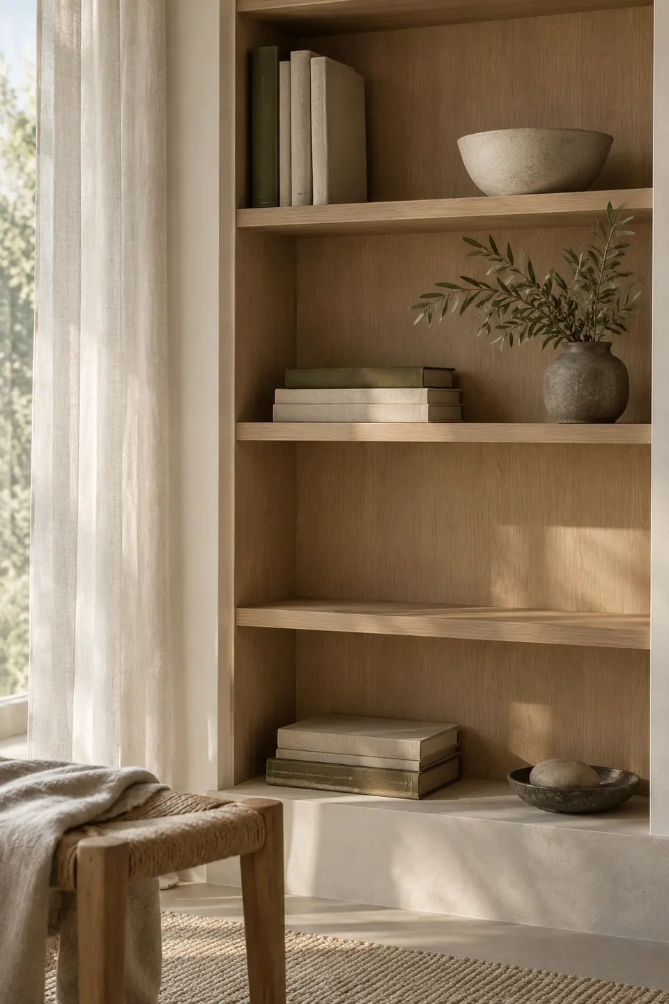 Oak shelves with books, a bowl and one empty shelf