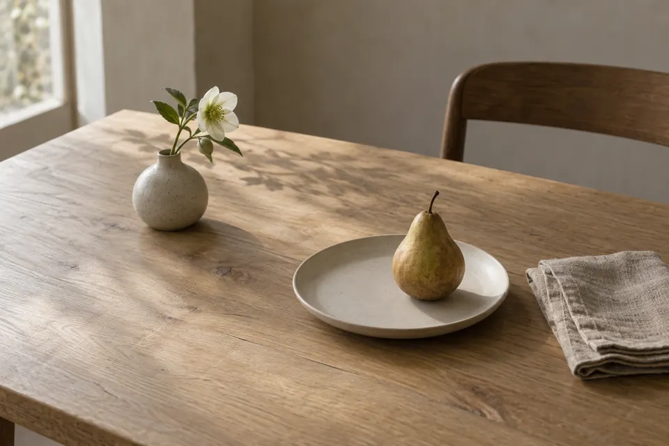 Table set for one with a pear and a bud vase
